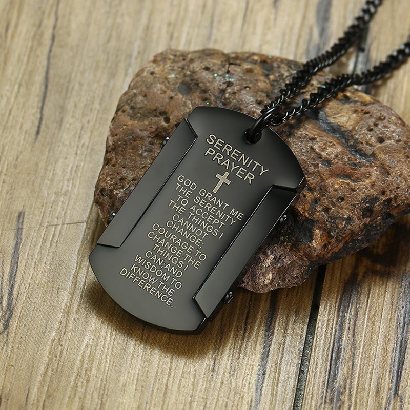 Retro Black Wisdom Serenity Prayer Steel Dog Tag Necklace Pendant for Men Christian Jewelry With