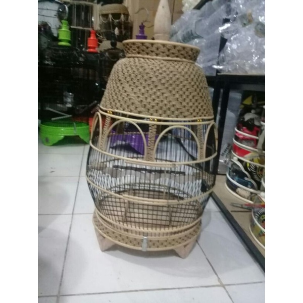 Sangkar Burung perkutut Rotan Rajut motif jambu rindai bonus 2 cepuk lepas tebok