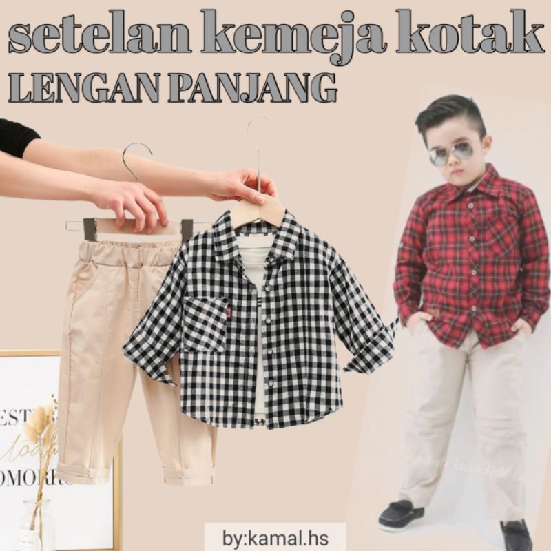 setelan kemeja kotak catur lengan panjang oneset flanel import kualitas distro usia 1 2 3 4 5 6 7 tahun