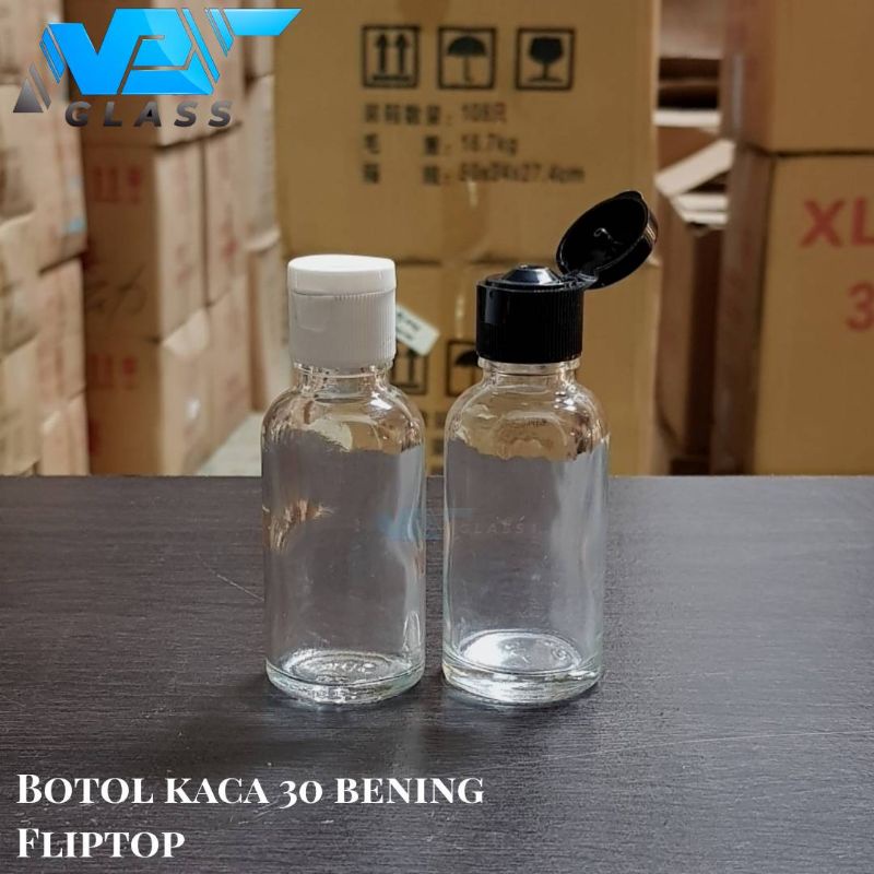 botol kaca 30ml bening tutup fliptop