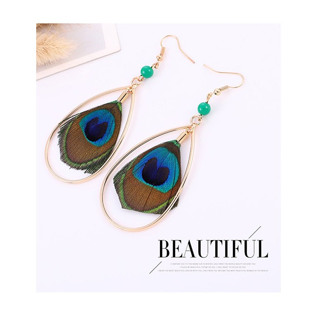 LRC Anting Gantung Fashion Gold Peacock Feather Tassel Earrings Y61255