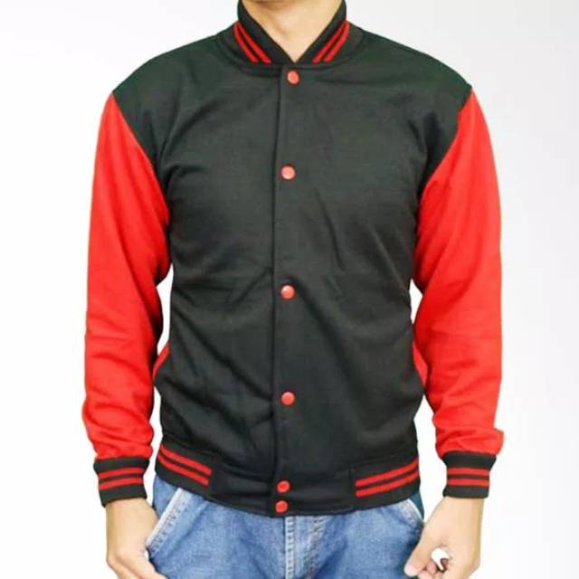 JAKET BASEBALL VARSITY HITAM MERAH POLOS