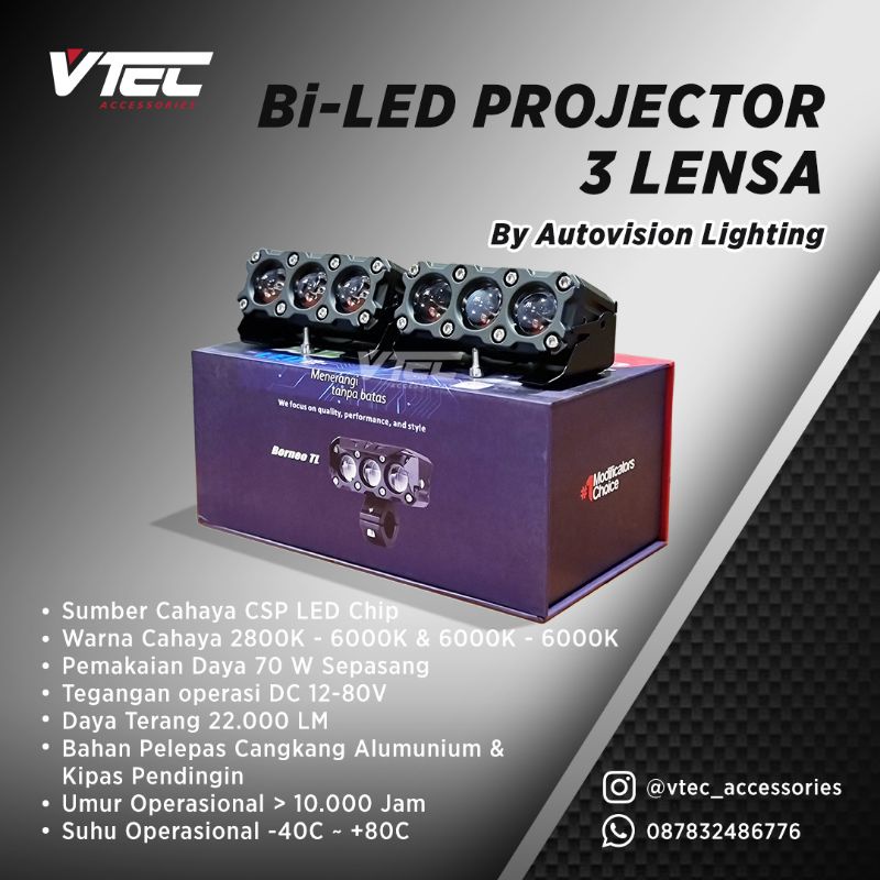 Autovision Mini Biled Projector 3 Lensa 70 Watt 2 Warna