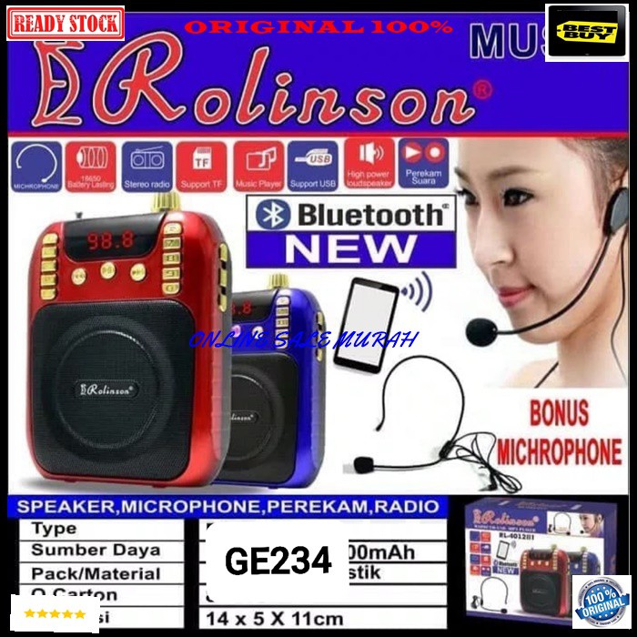 G234 Rolinson speaker mini bluetooth radio fm karaoke mic mik microphone bluetoot bluetot charger spk layar digital musik audio sound system suara display led dobel bass stereo Memory baterai cas casan charge Perekam rekam portable bluetoot bluetot bl