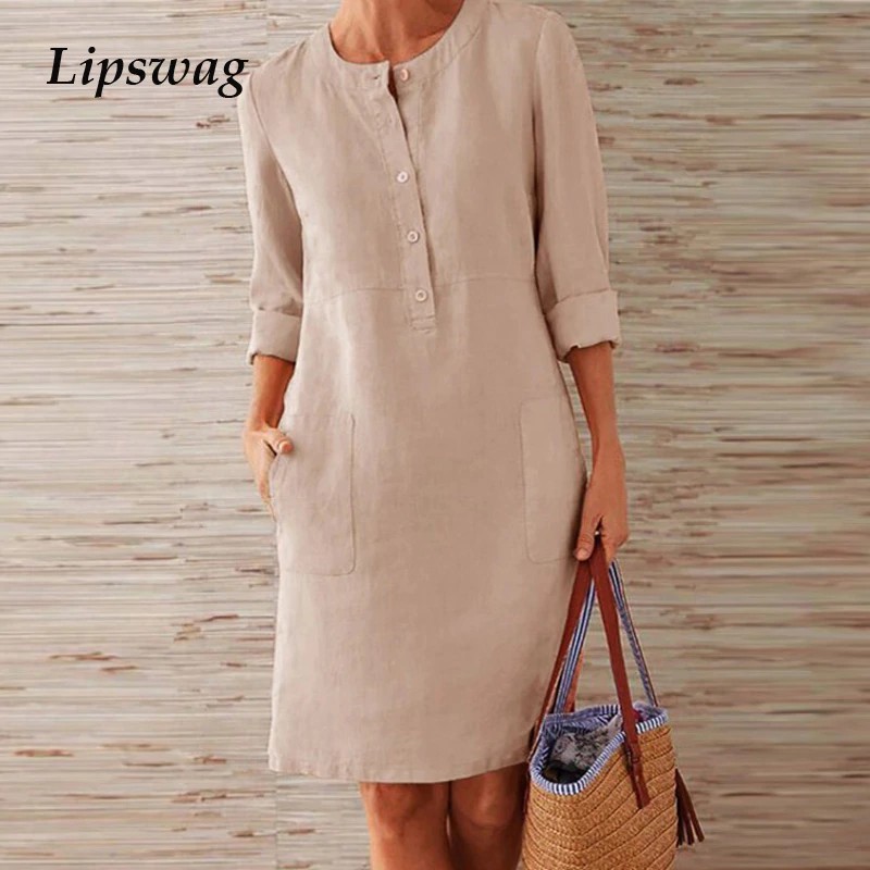 TERLARIS Lipswag 5XL Autumn Cotton Linen Dress 2019 Fashion Button O-Neck Midi Party Dress Women