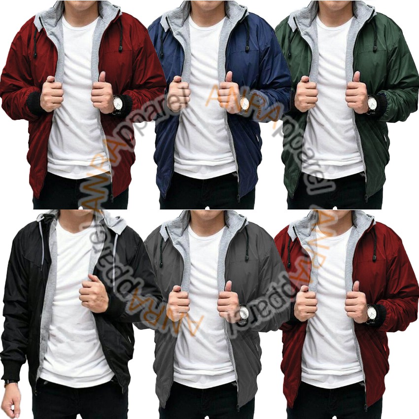 JAKET BOLAK BALIK 2in1 Bomber Parasut Fleece Hoodie Pria