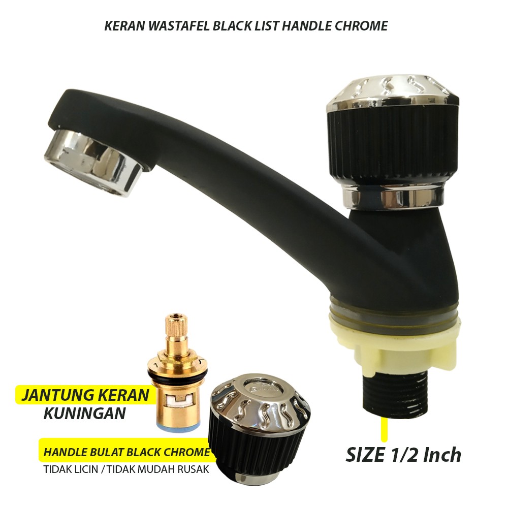 Kran Wastafel Black Full Standart 1/2&quot; Keran Washtafel Handle Bulat Hitam Chrome