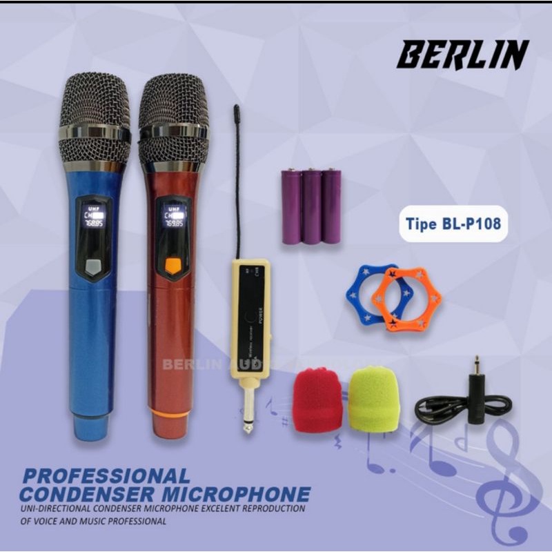 Microphone Wireless BERLIN 2 Mic UHF Wireless Jarak Jauh 2 Warna