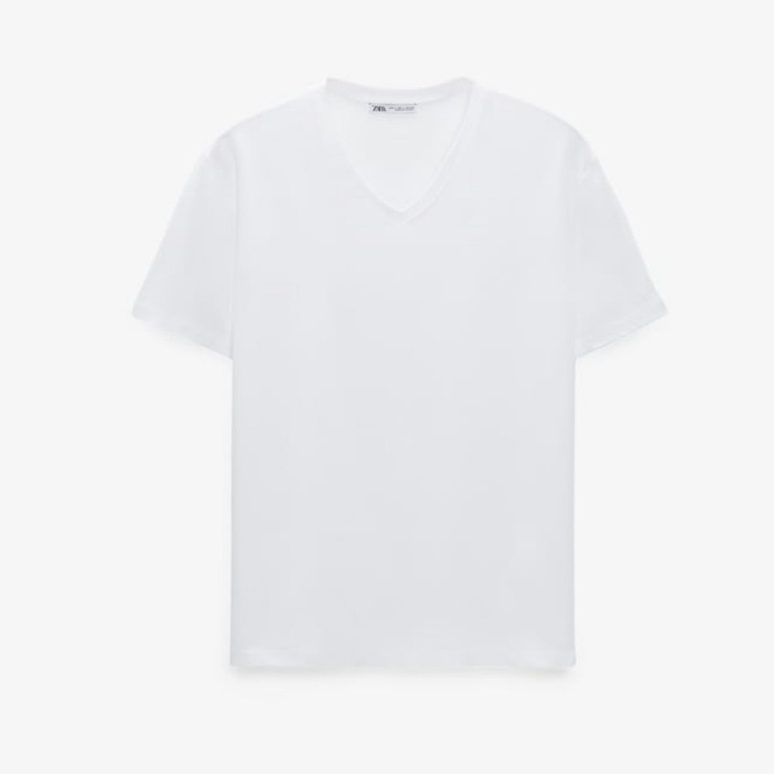 Zara Man T - Shirt Polos V Slim Fit Kaos Pria Putih White - ORIGINAL