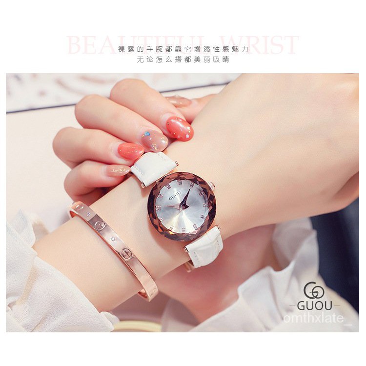 【Factory Outlet】【COD】GUOU Asli Anggun dan Mungil Rhinestone Quartz Jepang Watch Gerakan Fashion Kulit Asli Wrist Watc