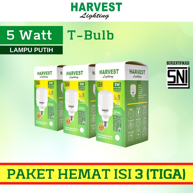 5W - Paket Isi 3 - HARVEST LIGHTING Lampu Kapsul LED T-Bulb 5 watt Lampu Hemat Energi Original Bersertifikat SNI dan Bergaransi