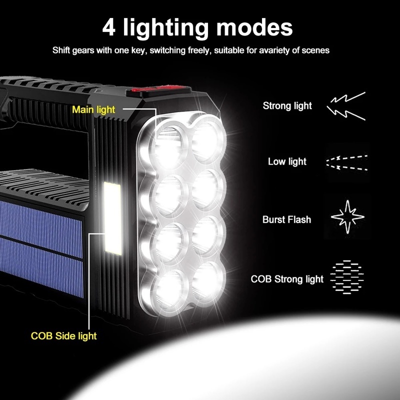 Lampu Senter 8 LED High Power Tenaga Surya Ultra Terang Anti Air USB Rechargeable Portable Untuk Outdoor / Camping