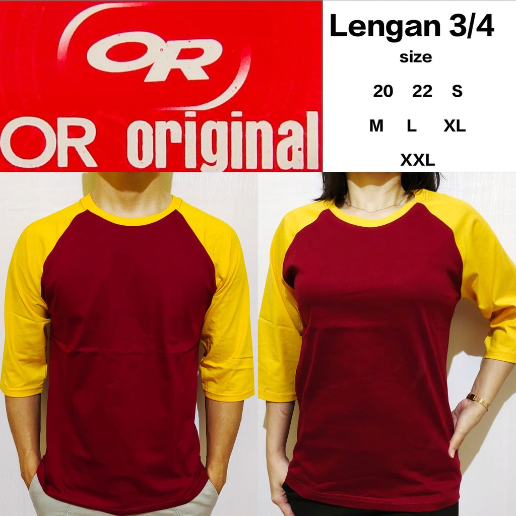 kaos polos reglan maron lengan kuning 3/4 20 22 S M L XL XXL