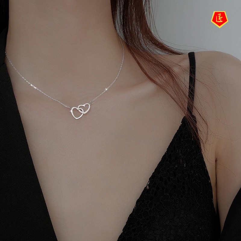 [Ready Stock]Double Ring Heart-Shaped Necklace Women's Simple Temperamental Minority Design Sense