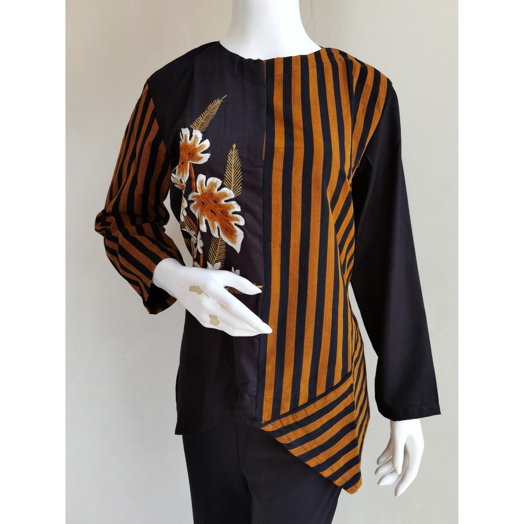 Atasan Wanita Blouse Lurik Bordir Bunga