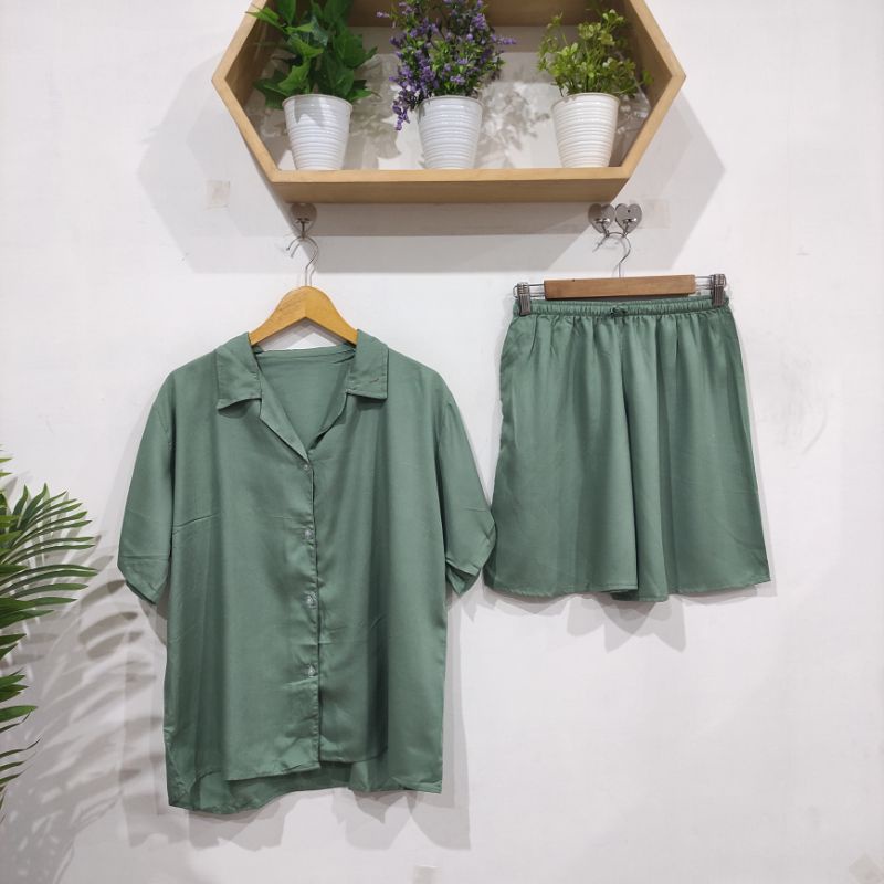 PIYAMA KANCING PENDEK | PIYAMA RAYON | BAJU TIDUR RAYON-KCB HIJAU MINT