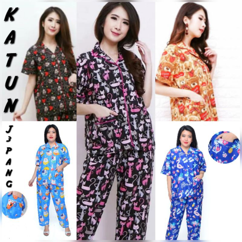 Baju Tidur Piyama ABG LD 96 Lengan Pendek Celana Panjang / Piama Katun Pakaian Wanita