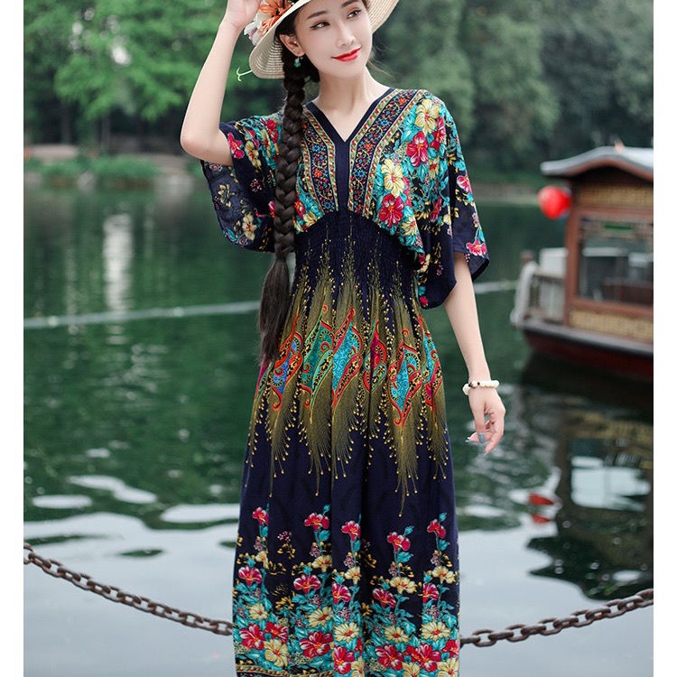 Baju Pantai Wanita Hijab ✽┅✆Ukuran besar wanita gaya etnik pantai rok pencetakan gaun katun liburan 