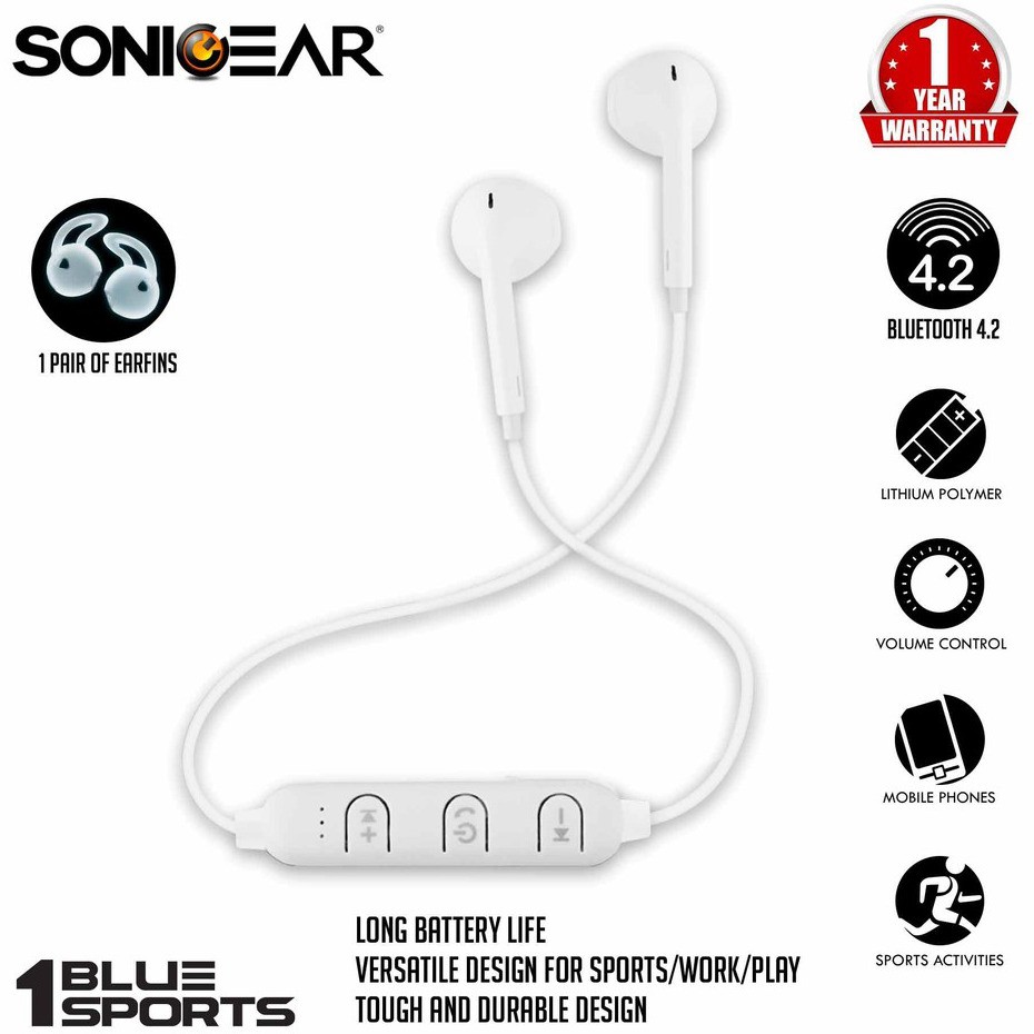 [SONIC GEAR] Blue Sports 1 Earphone Bluetooth Ringan, Snug dan Sporty