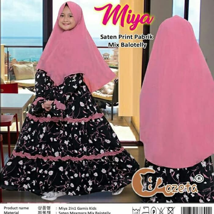 gamis anak miya hitam+bergo baju muslim hijab syari stelan baju anak