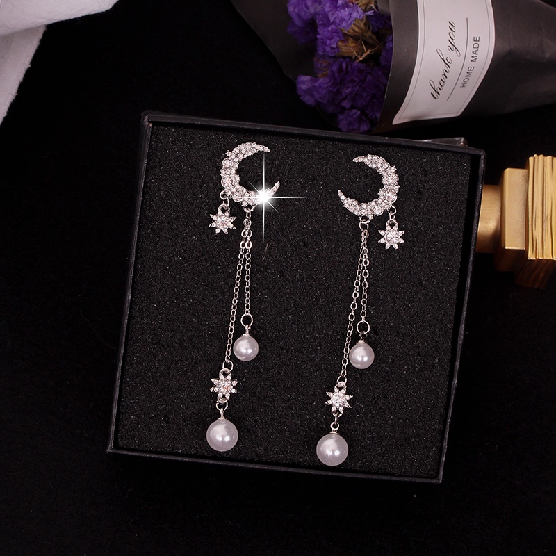 Anting Rumbai Panjang Desain Bulan Sabit Aksen Berlian Imitasi Bahan 925 Silver Needle Gaya Korea Untuk Wanita