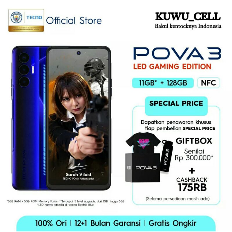 7.7 Tecno POVA 3 [6GB+5GB Extended RAM / 128GB Octa Core Helio G88 2.0GHZ 7000mAh] Garansi Resmi