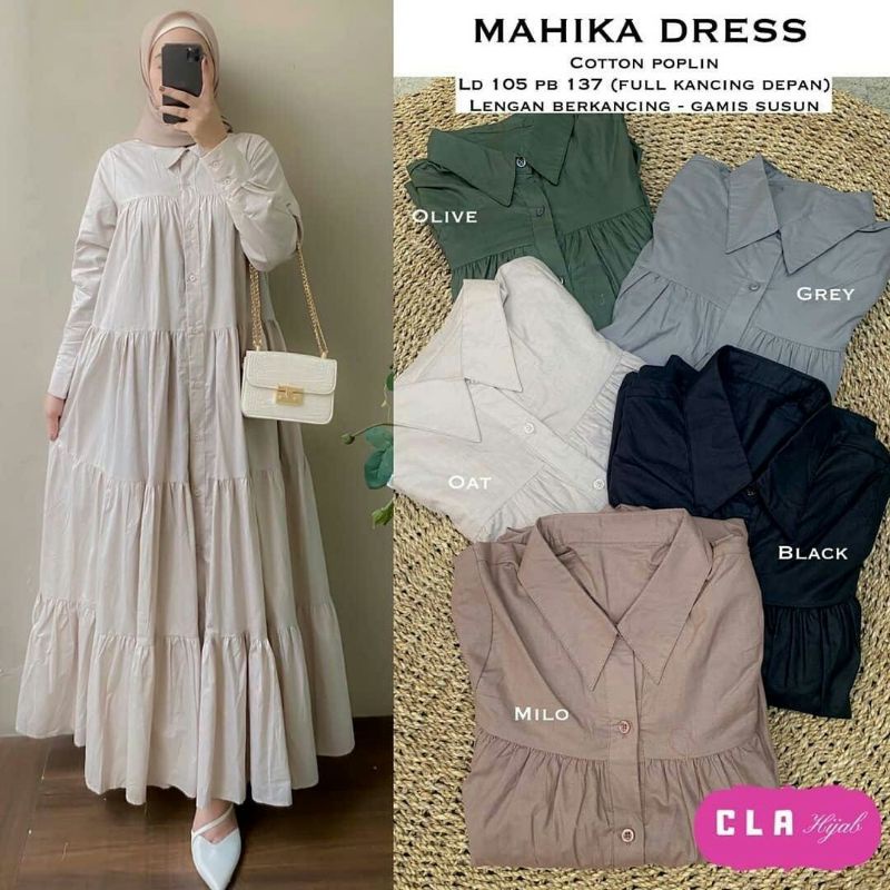 Mahika Dress polos warna olive grey oat black milo gamis wanita Katun poplin LD110 new muslim daily