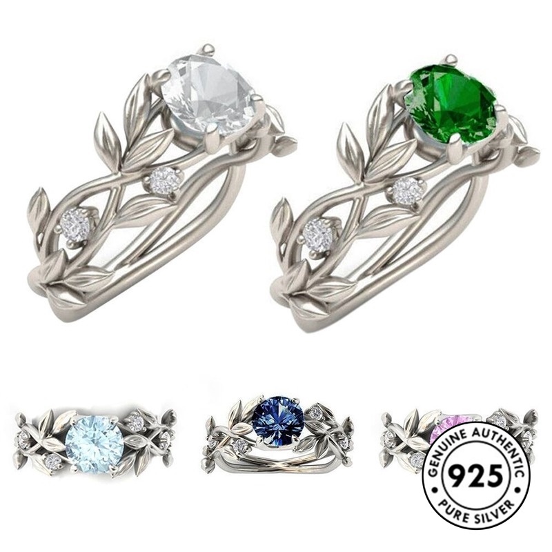 Set Cincin S925 Silver Bentuk Daun Aksen Berlian