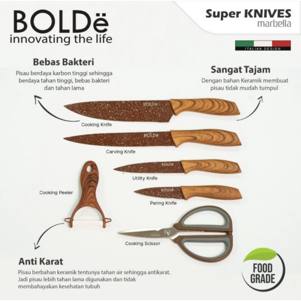 Pisau Set Bolde Marbella 6pcs Bolde Knives Set + Gunting Knifes Set Pisau Dapur Pisau Daging Gunting Dapur