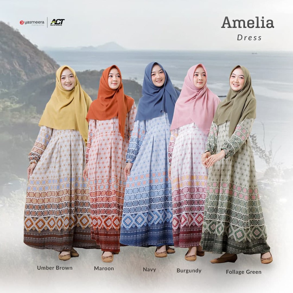 GAMI SAJA YASMEERA ORIGINAL AMELIA DRESS BURGUNDY NAVY MARON FOLIAGE GREEN UMBER BROWN FASHION GAMIS