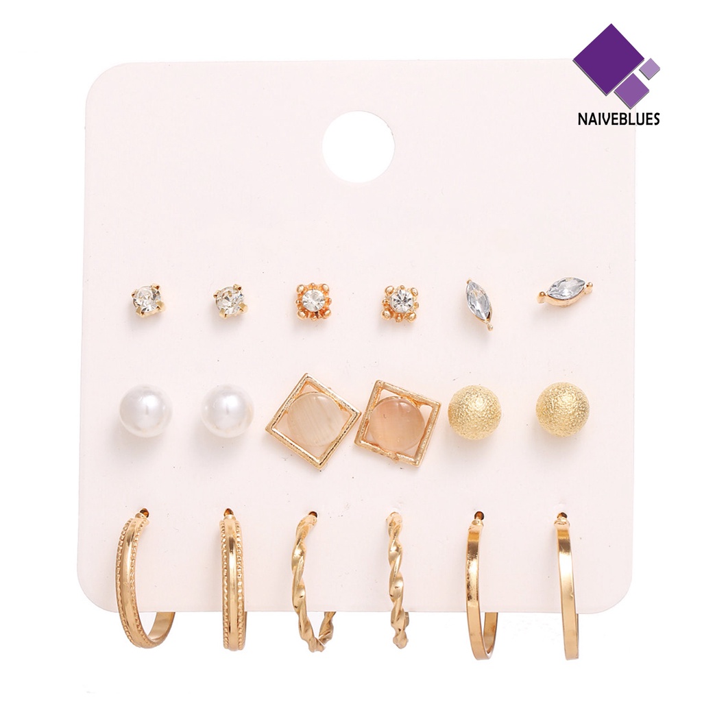 9 Pasang Anting Stud Mutiara Berlian Imitasi Bentuk Geometris Untuk Wanita