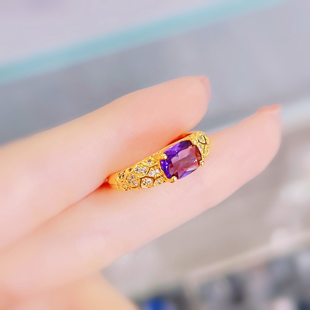 Goldkingdom Perhiasan Fashion Emas Asli Kadar 375 Bangkok Aksesoris Ready Stock Bertatahkan Uruguayan Amethyst Cincin Berlapis Emas Adjustable Wanita Cincin