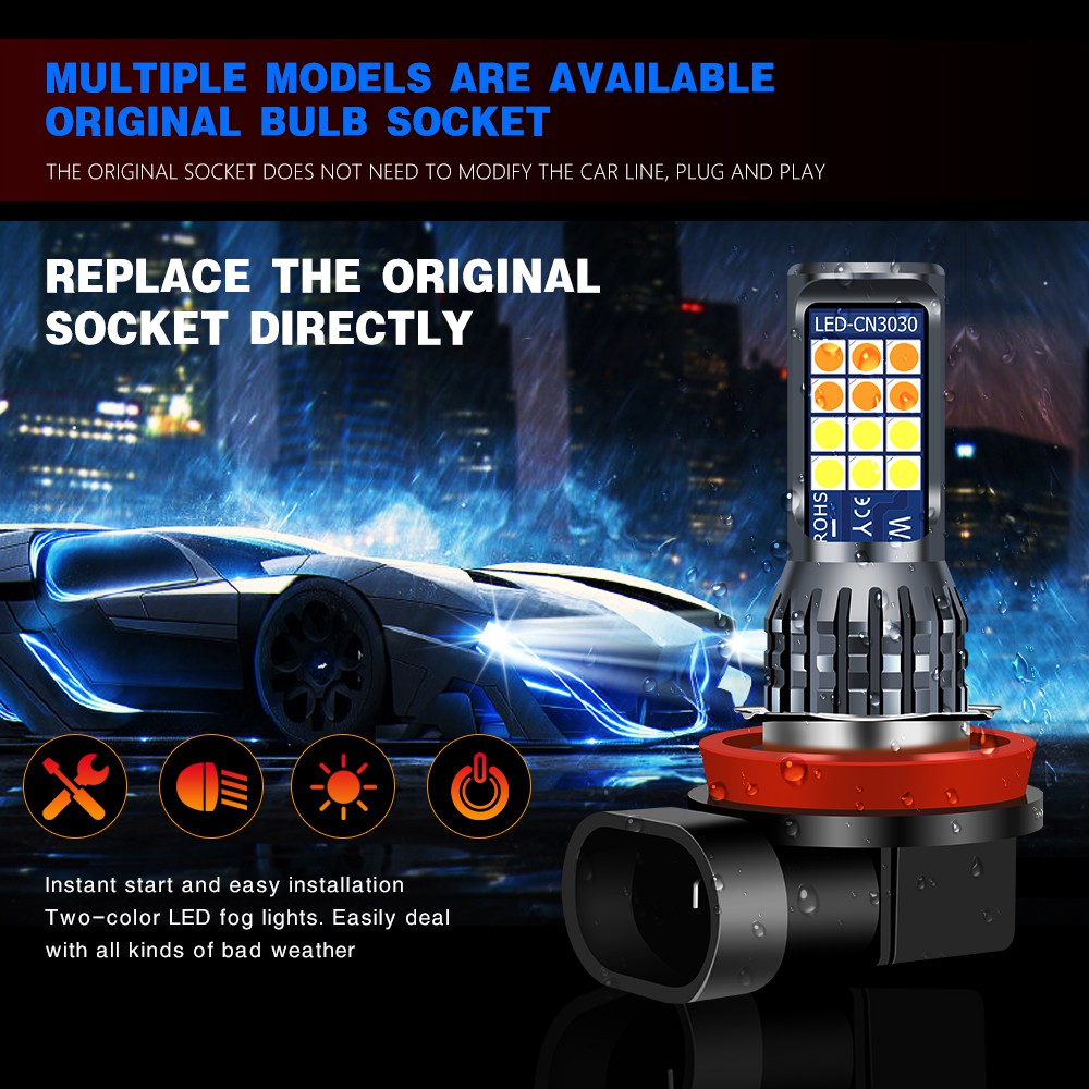 2Pcs Lampu Kabut LED 24SMD Dua Warna H8 H11 H3 H4 H7 9005 9006 Untuk Mobil