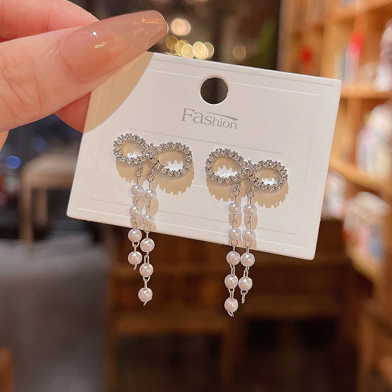 Anting Tusuk Gantung Panjang silver 925 Desain Pita Hias Mutiara + Berlian Untuk Wanita