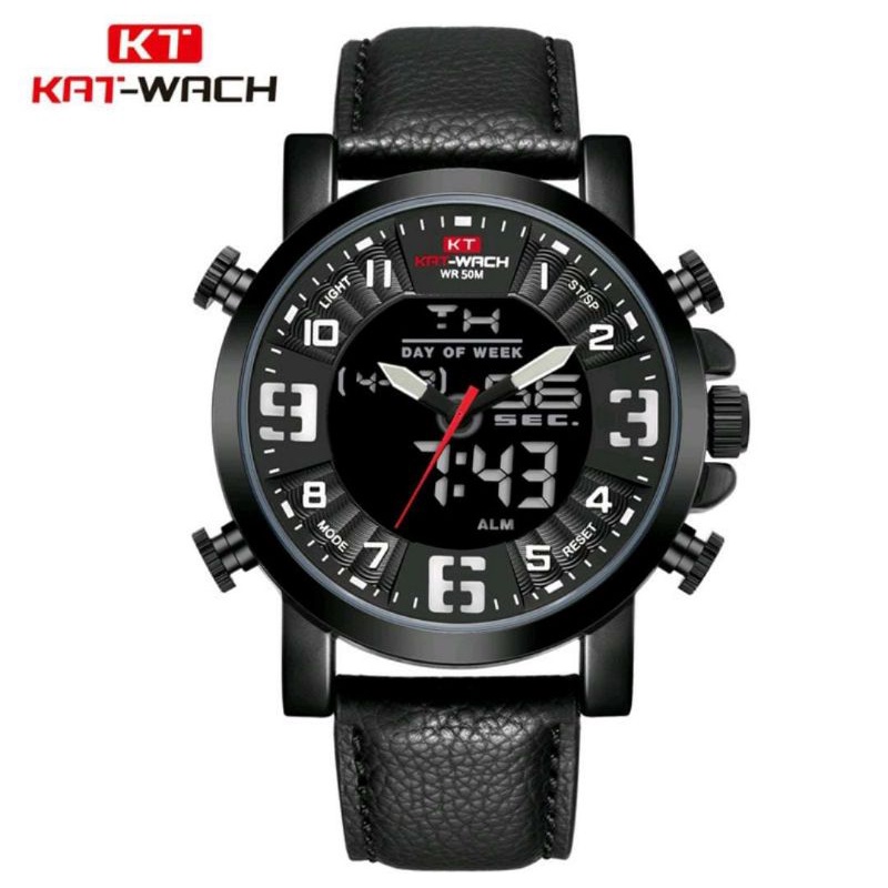 0KAT-WACH KT1845 Jam Tangan Pria Digital Analog Tali Kulit Luminous CURRENOS