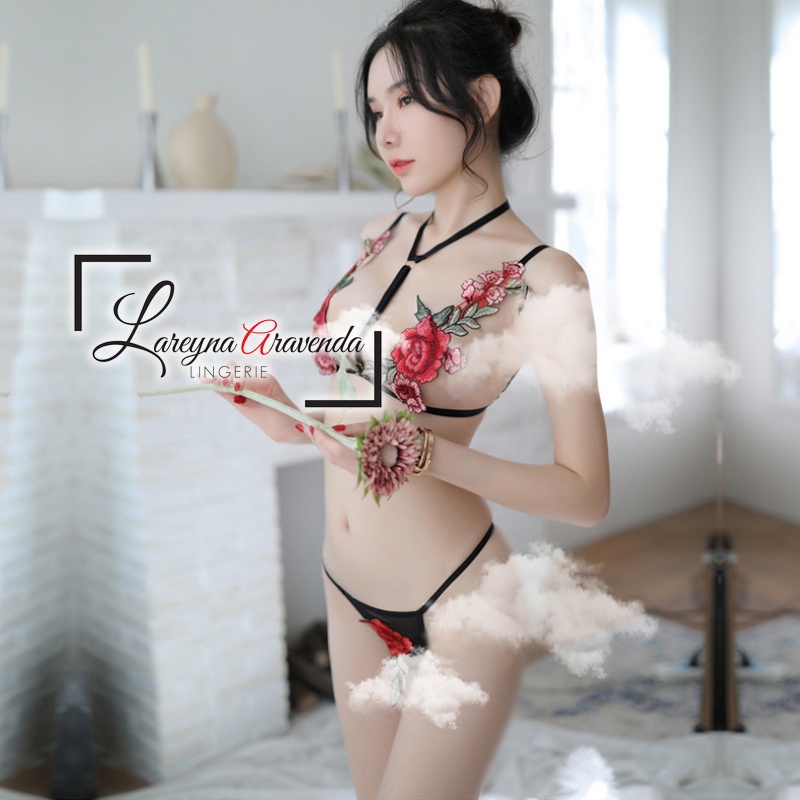 Set Bra Lingerie Seksi &amp; G String Model Bordir Bunga LG006