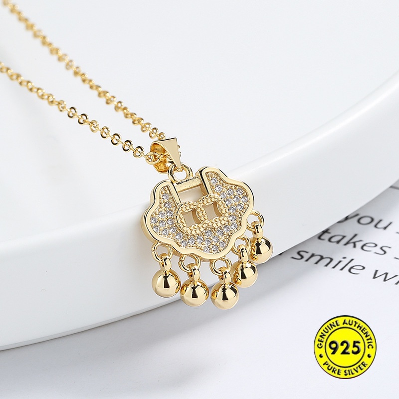 Kalung Rantai Klavikula S925 Silver Gold Plated 18K Hias Liontin Gembok Hati Berlian Untuk Wanita