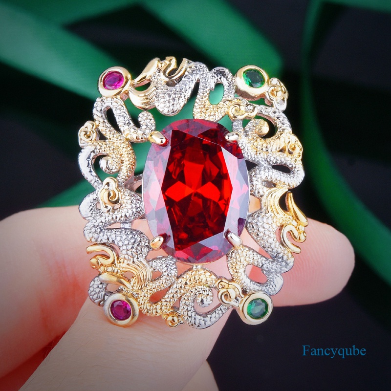 Cincin Geometris Bentuk Oval Kubik Zirkonia Warna Merah Gaya Vintage Klasik Untuk Wanita