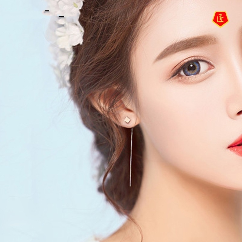 [Ready Stock]Simple Cube Square Stud Earrings Tassel Female Sweet Elegance