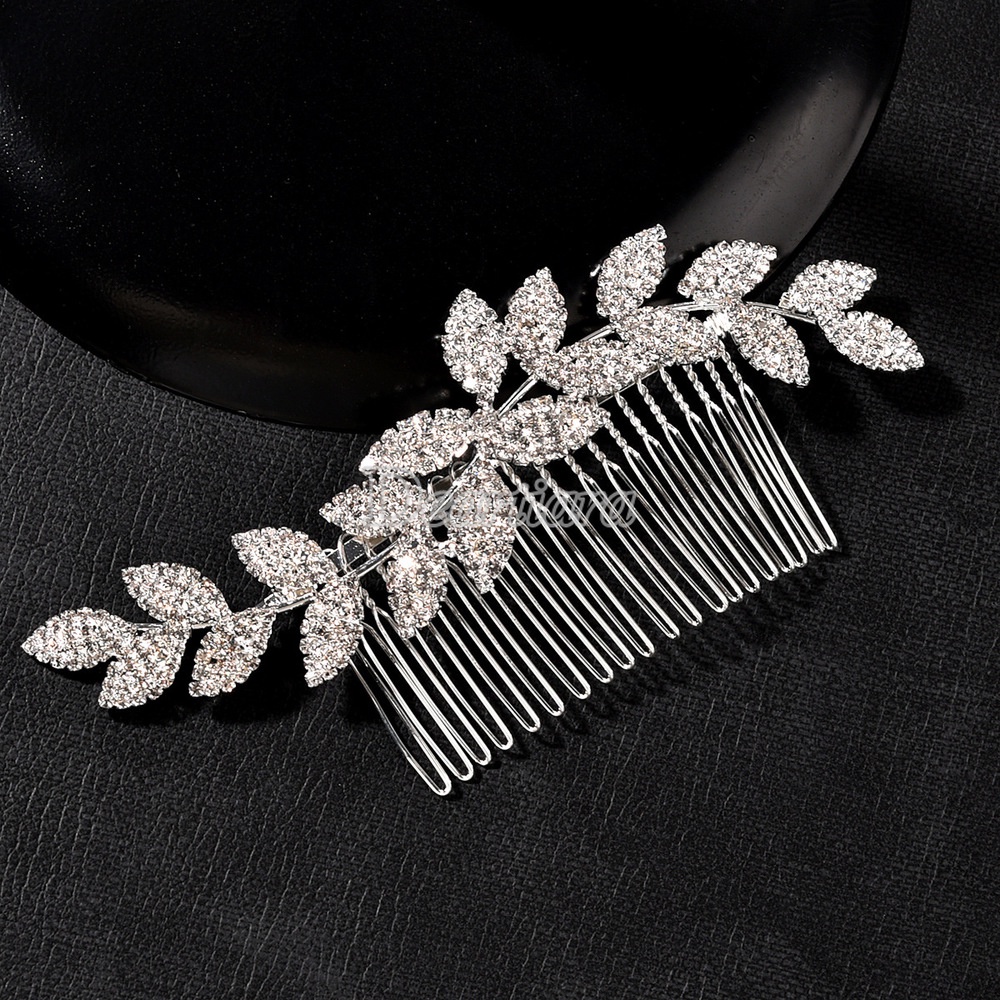 Sisir Rambut Bentuk Daun Bahan Alloy Aksen Berlian Imitasi Untuk Pengantin