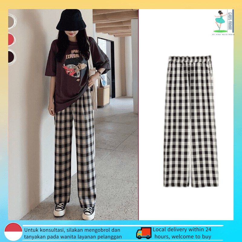 Kotak-Kotak Model Longgar Highwaist celana tartan wanita Celana Wanita Kekinian Korea Celana Kotak Kotak