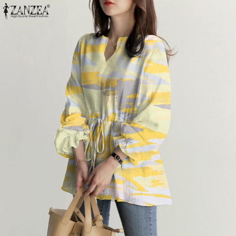 ZANZEA Spring Casual Long Sleeved V Neck Top Printed Elastic Cuff Holiday Blouse