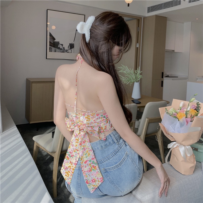 Sexy halter neck open back floral kamisol dress strapless crop top wanita