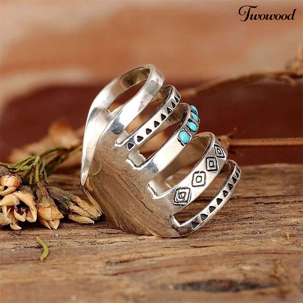 Twowood Multilayer Wide Turquoise Decor Women Ring Symbols Pattern Hollow Bohomia Joint Ring Jewelry Accessaries