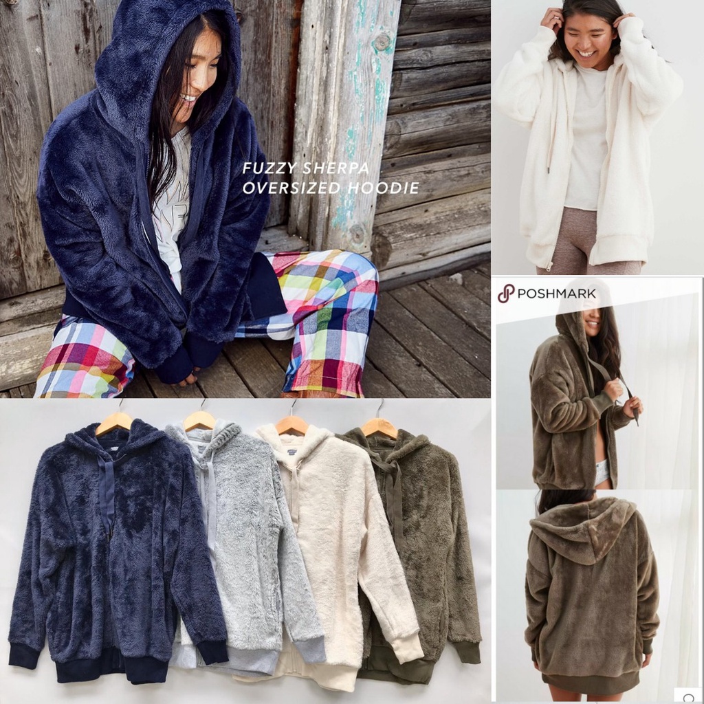 Aerie Fuzzy Sherpa Oversized Hoodie SWEATER khusus wanita // sisa ekspor