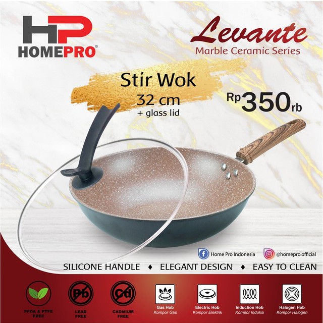 HOME PRO Levante Ceramic Stir Wok w/Glass Lid Wajan Anti Lengket Keramik 32 cm Tutup Kaca