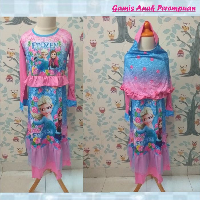 gamis anak perempuan . busana muslim anak cewek . pakaian muslim karakter littlepony dan frozen