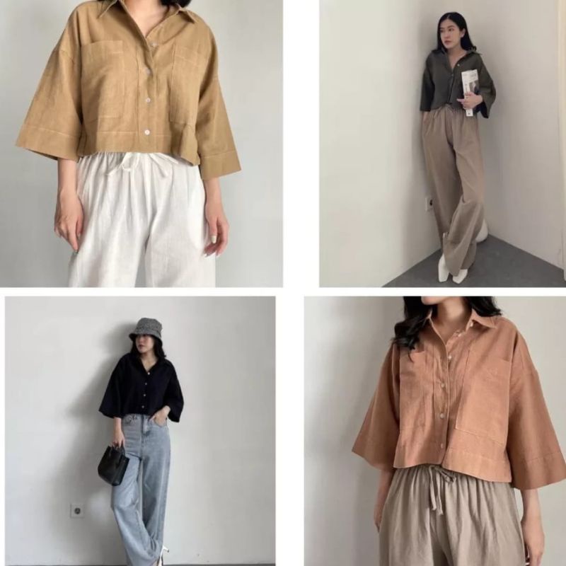 Kemeja Wanita Linen Crop Top Oversized/Atasan Wanita All Size