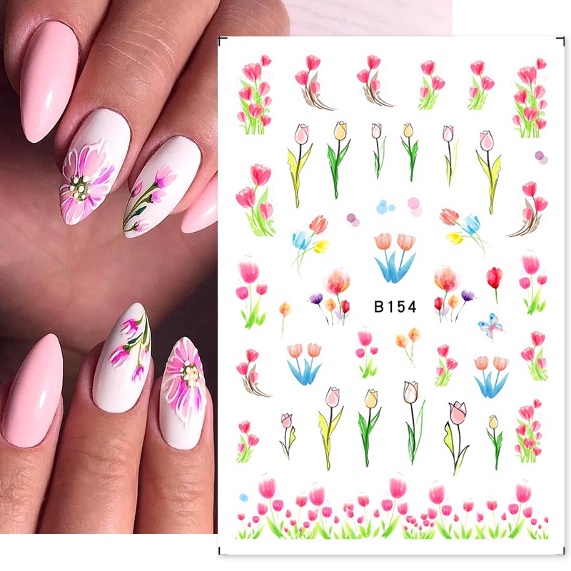 1 Lembar Stiker Kuku 3D Desain Bunga Tulip Warna-Warni Untuk Dekorasi Nail Art