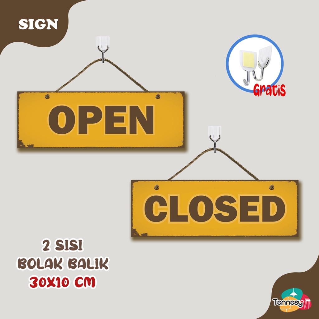 TENNESY PAJANGAN SIGN PINTU TOKO OPEN CLOSE 30x10CM 2 SISI HIASAN DINDING GANTUNG WALL DECOR PAJANGAN POSTER DEKORASI KAMAR RUMAH TOKO KAMAR